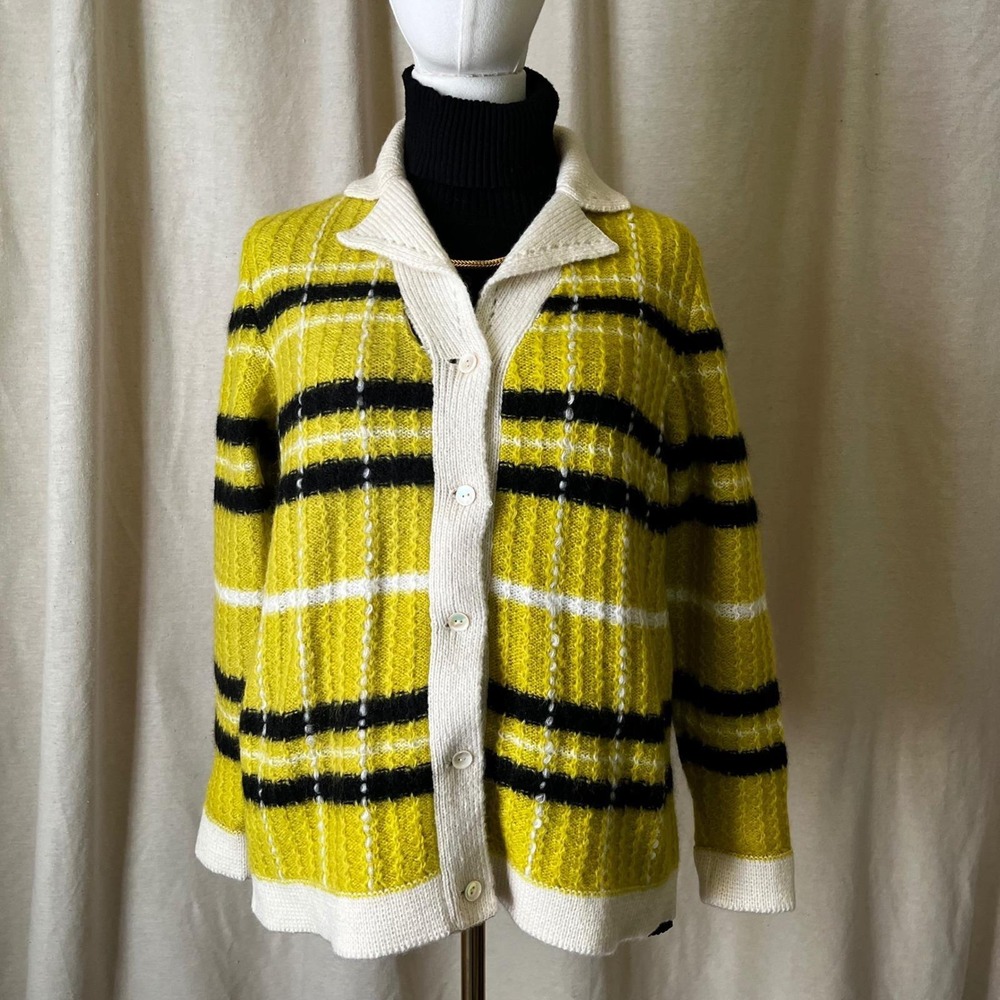 Vintage 1960s Selma Milano Mohair‎ Plaid Cardigan Sweater Yellow Black Large